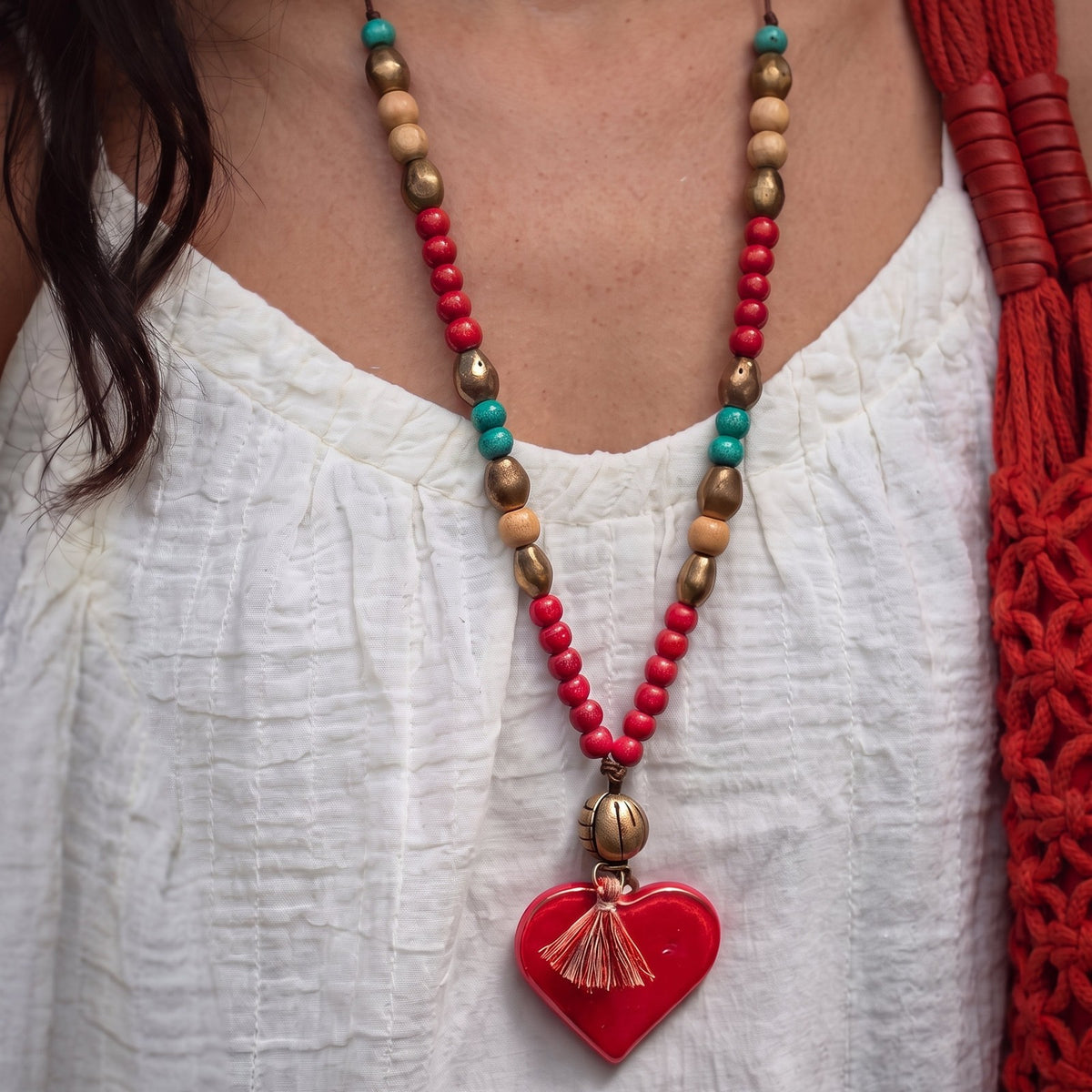 Red Heart Tassel Beaded Necklace