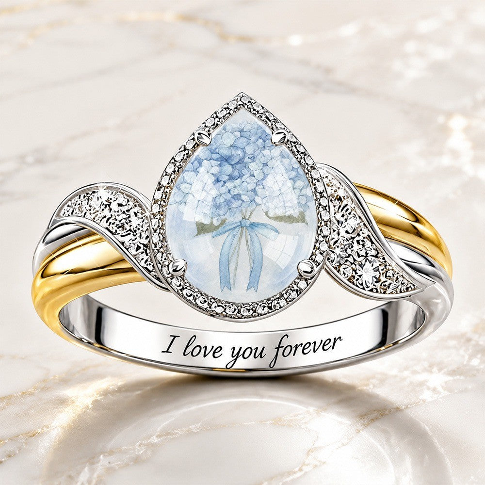 Blue Hydrangea Engraved Band Ring