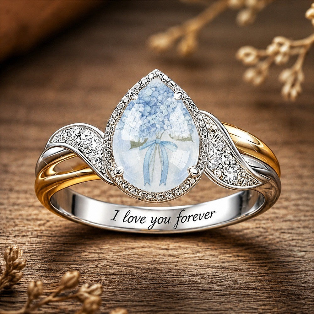 Blue Hydrangea Engraved Band Ring