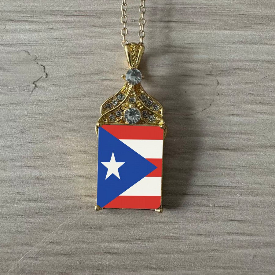 Puerto Rico Flag Crystal Pendant Necklace
