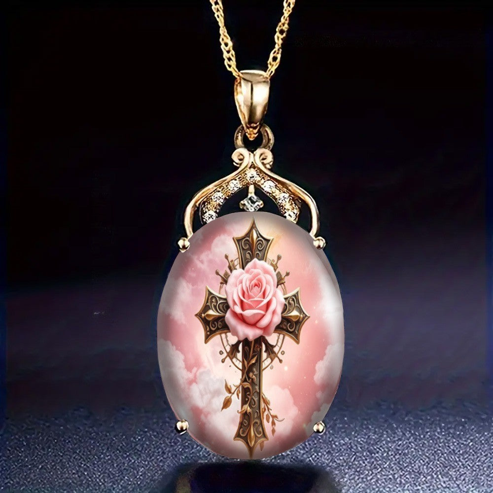 Pink Rose & Cross Oval Pendant Necklace