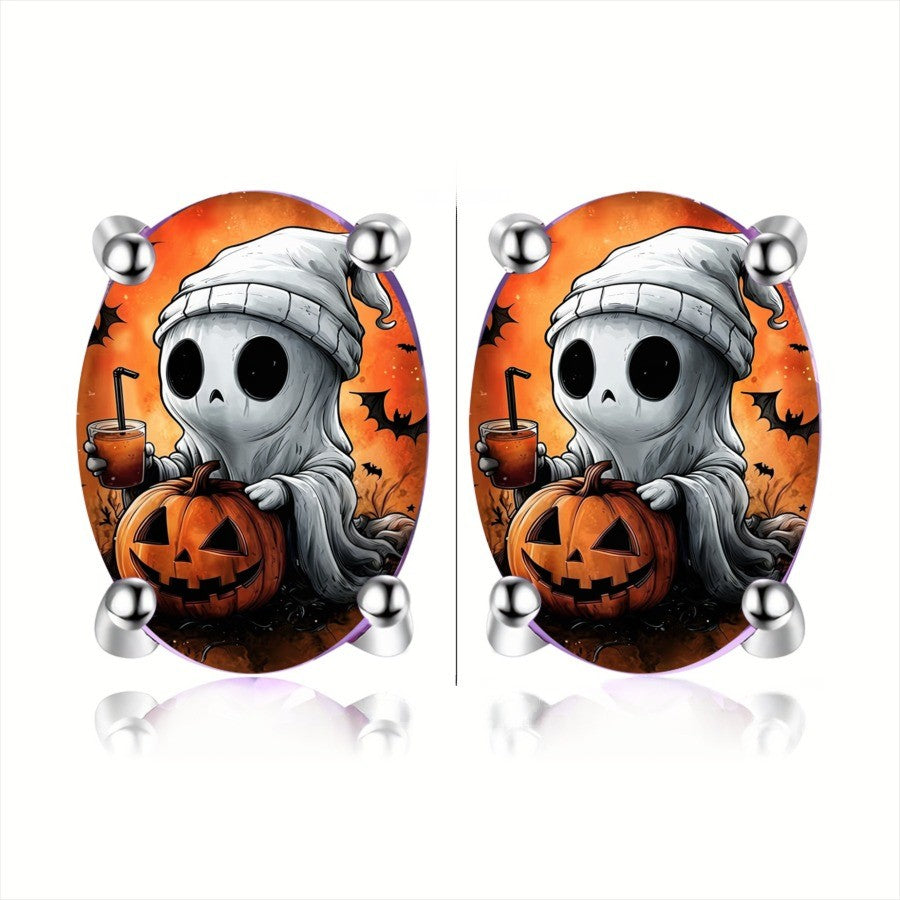 Halloween Ghost Pumpkin Oval Stud Earrings