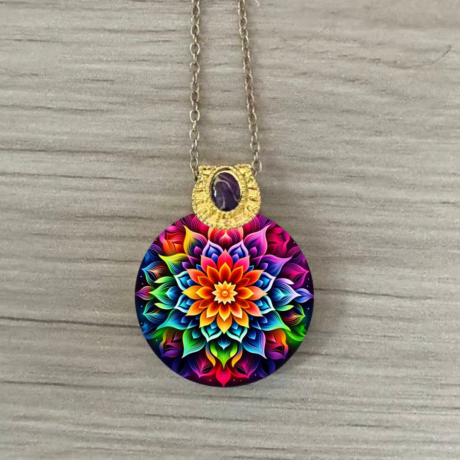 Rainbow Mandala Pendant Necklace