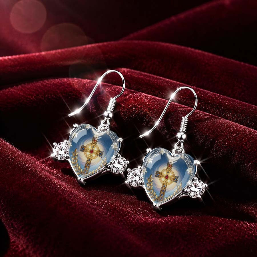 Glass Cross Heart Drop Earrings