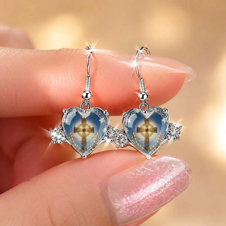 Glass Cross Heart Drop Earrings