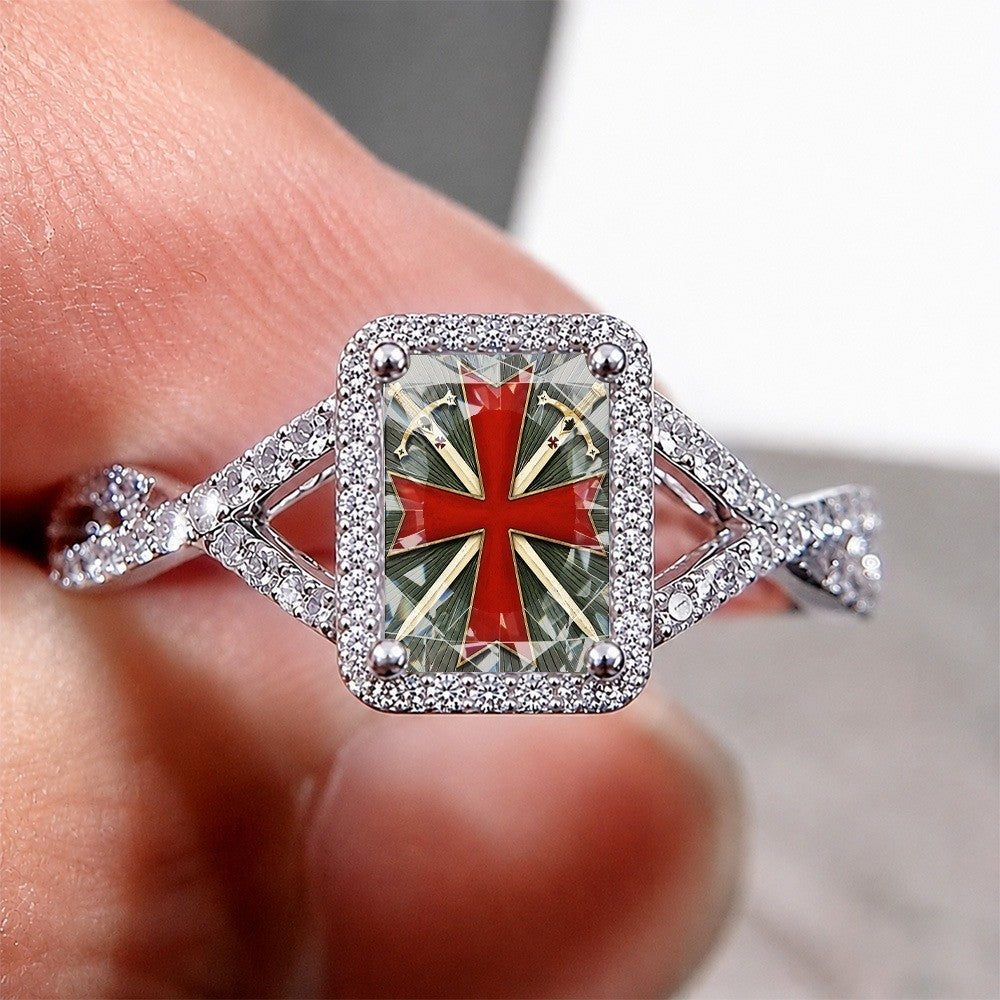 Red Templar Cross Square Ring