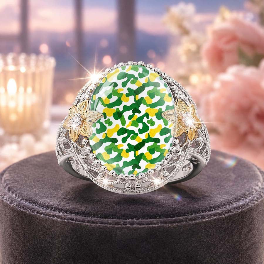 Green Camo Floral Statement Ring