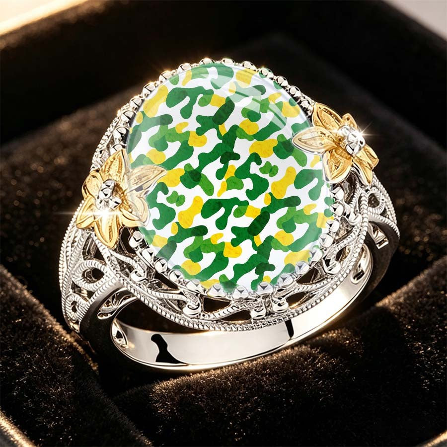 Green Camo Floral Statement Ring
