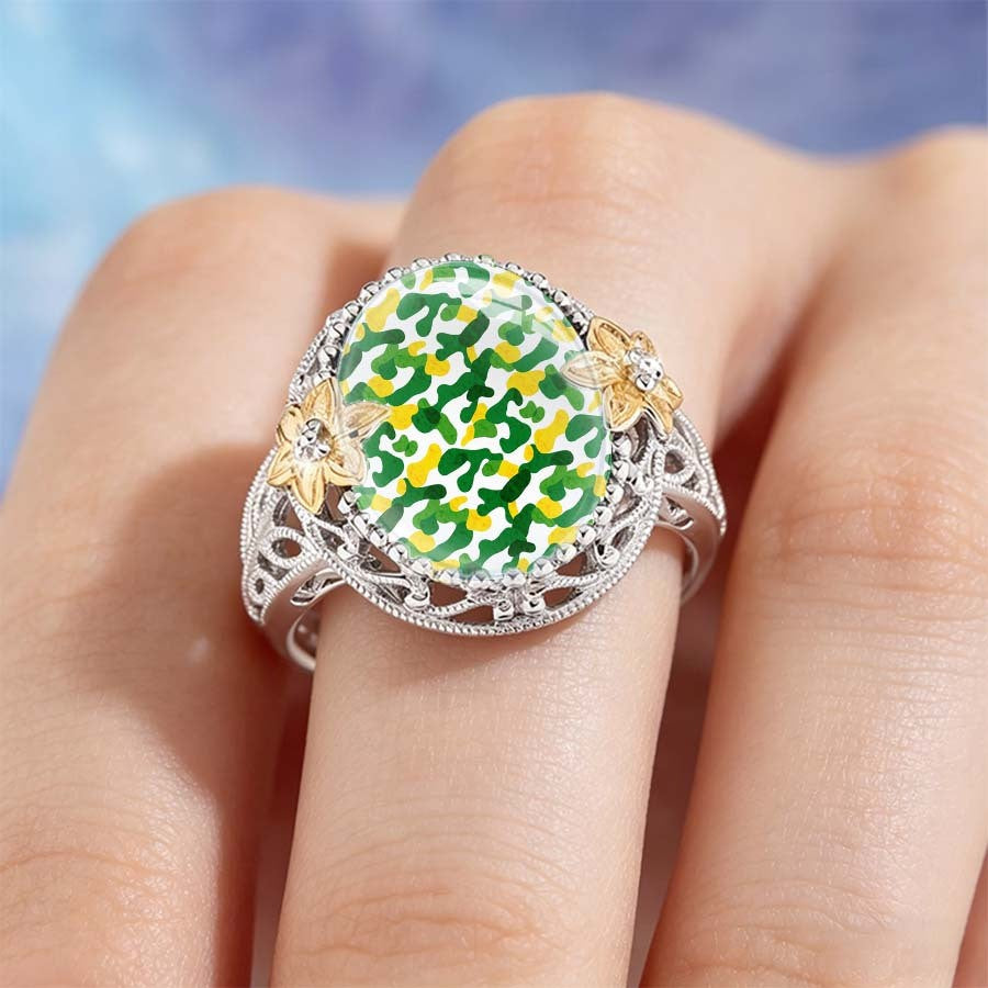 Green Camo Floral Statement Ring