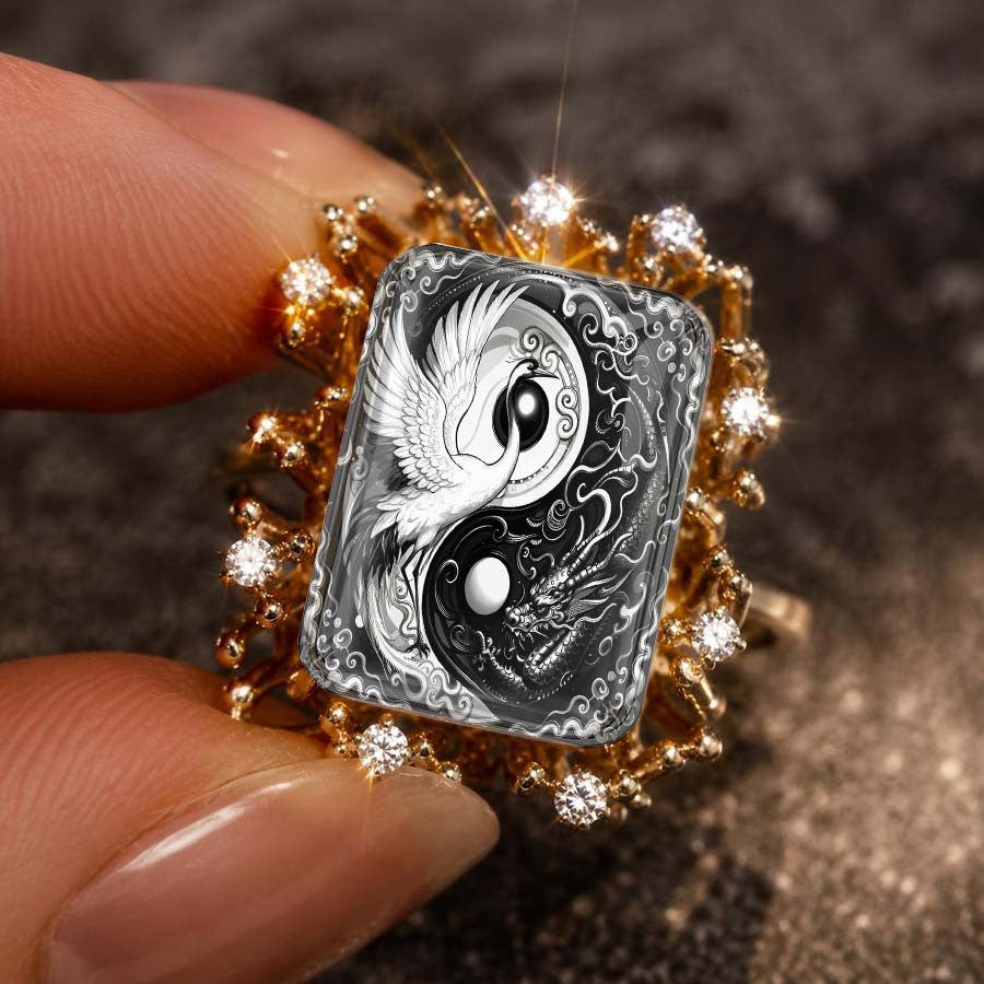 Yin Yang Crane & Dragon Square Ring