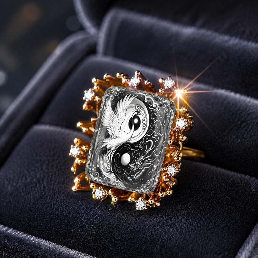 Yin Yang Crane & Dragon Square Ring