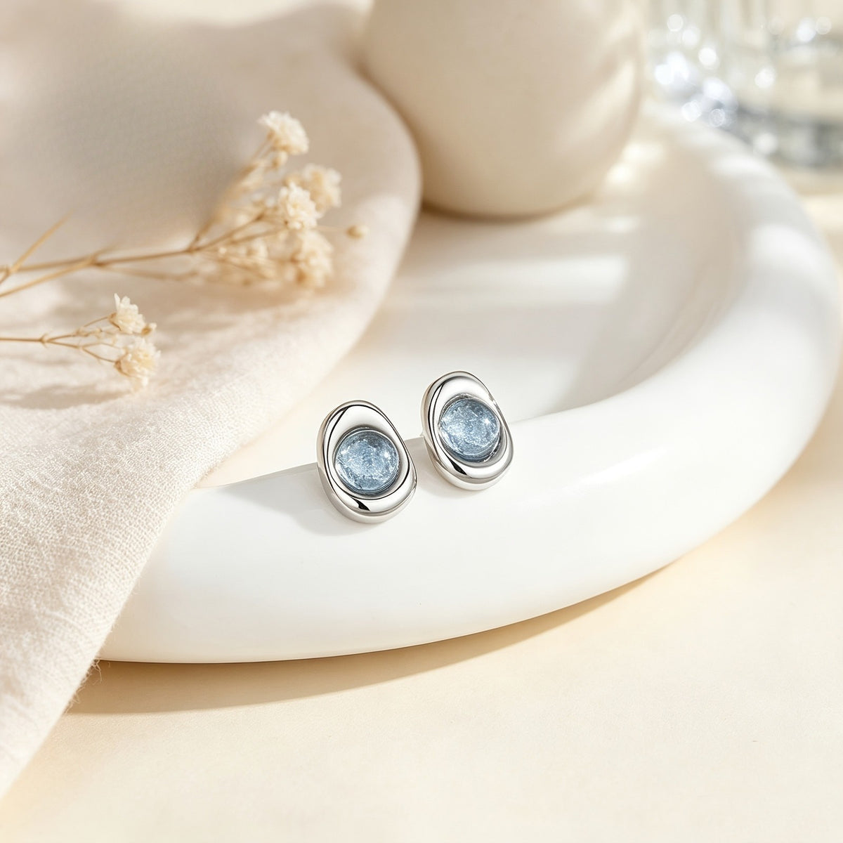 Blue Stone Round Stud Earrings