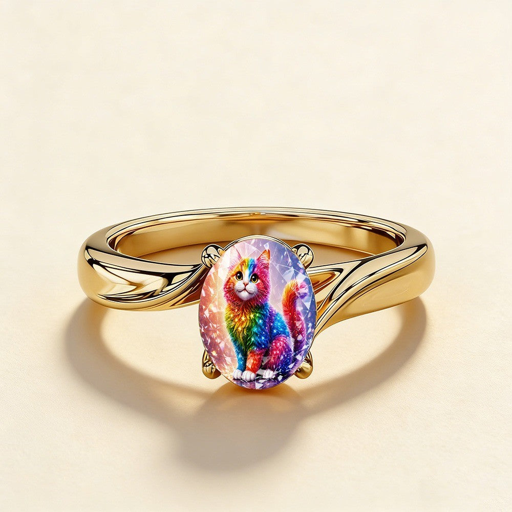 Rainbow Cat Glass Oval Ring