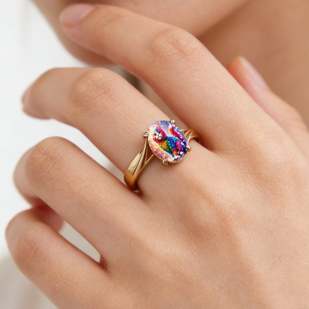 Rainbow Cat Glass Oval Ring