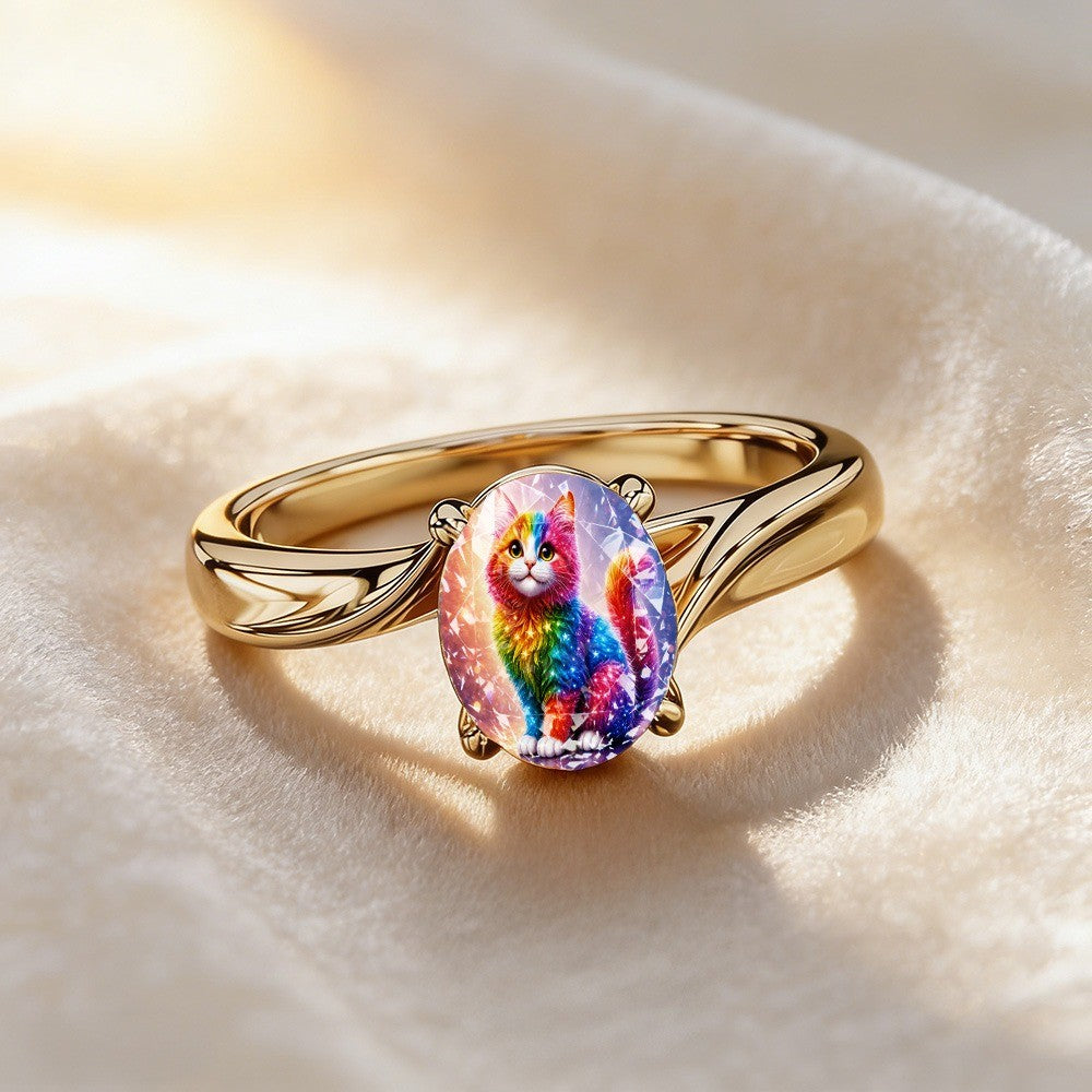 Rainbow Cat Glass Oval Ring