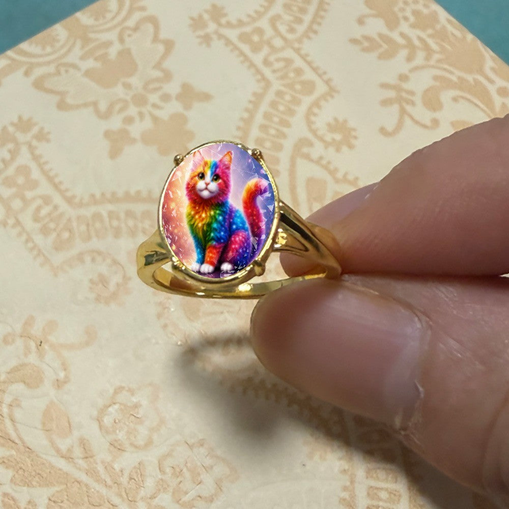 Rainbow Cat Glass Oval Ring