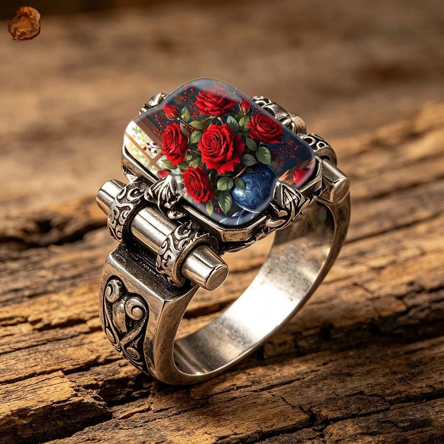 Red Rose & Blue Vase Square Ring