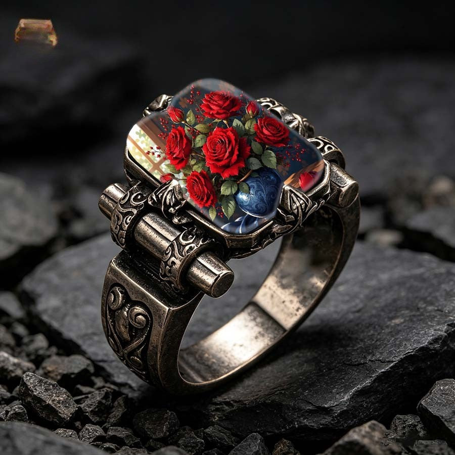 Red Rose & Blue Vase Square Ring