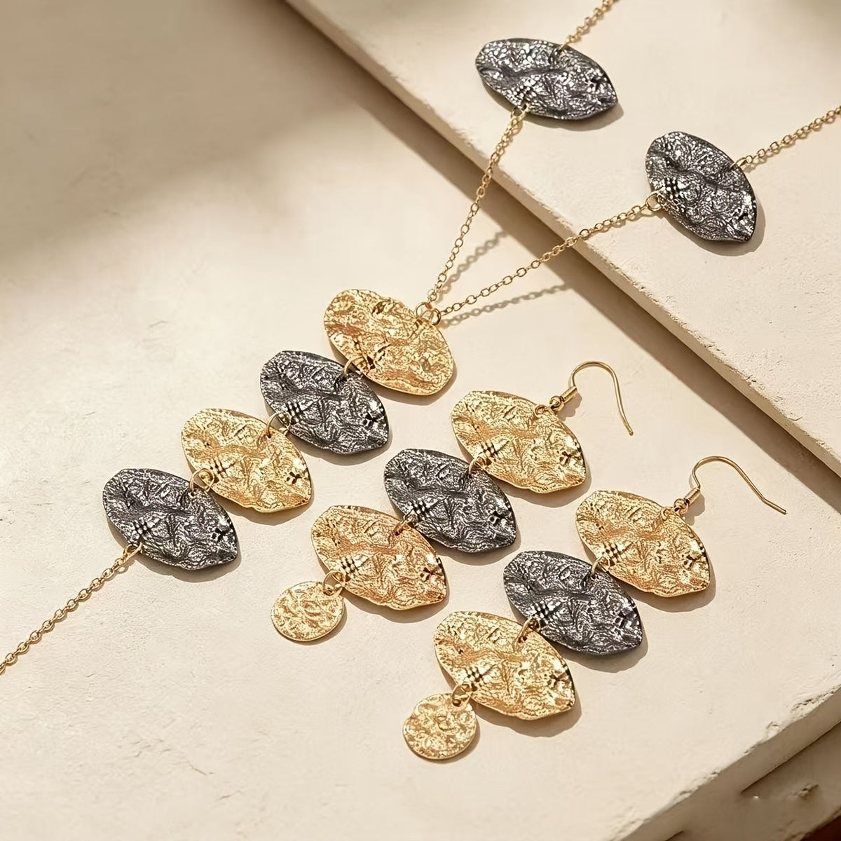 Textured Oval Disc Necklace & Earring Set
