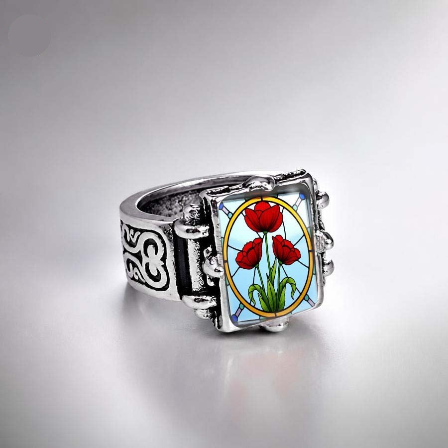 Red Tulip Stained Glass Rectangle Ring