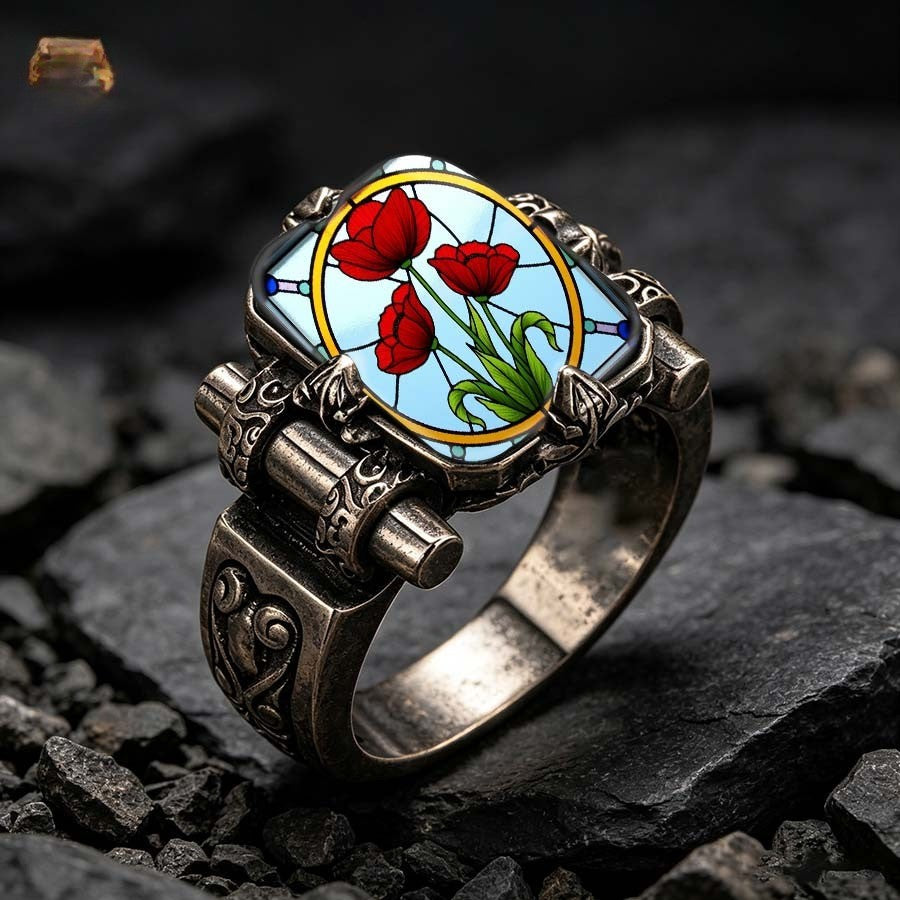 Red Tulip Stained Glass Rectangle Ring