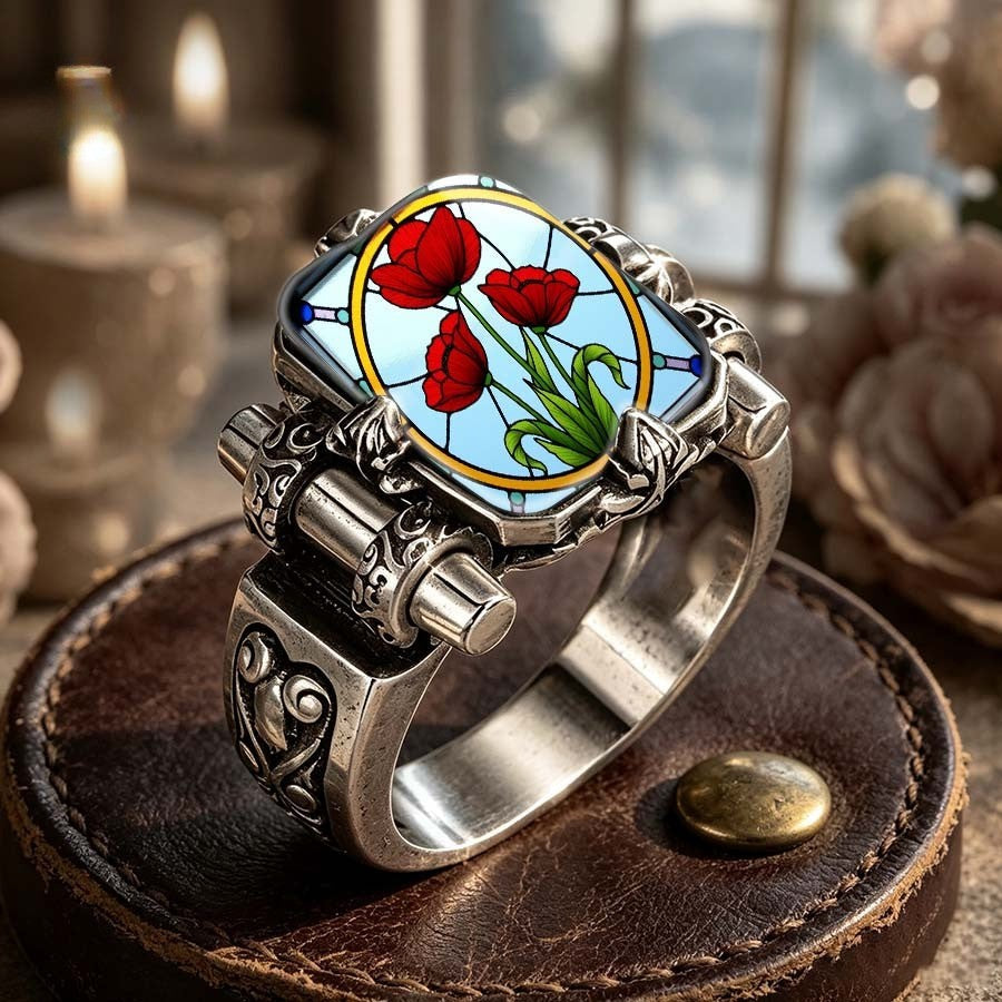 Red Tulip Stained Glass Rectangle Ring