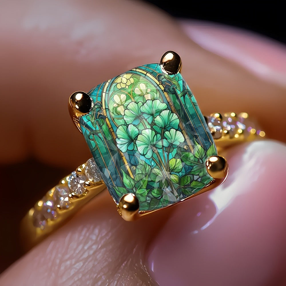 Floral Stained Glass Square Ring