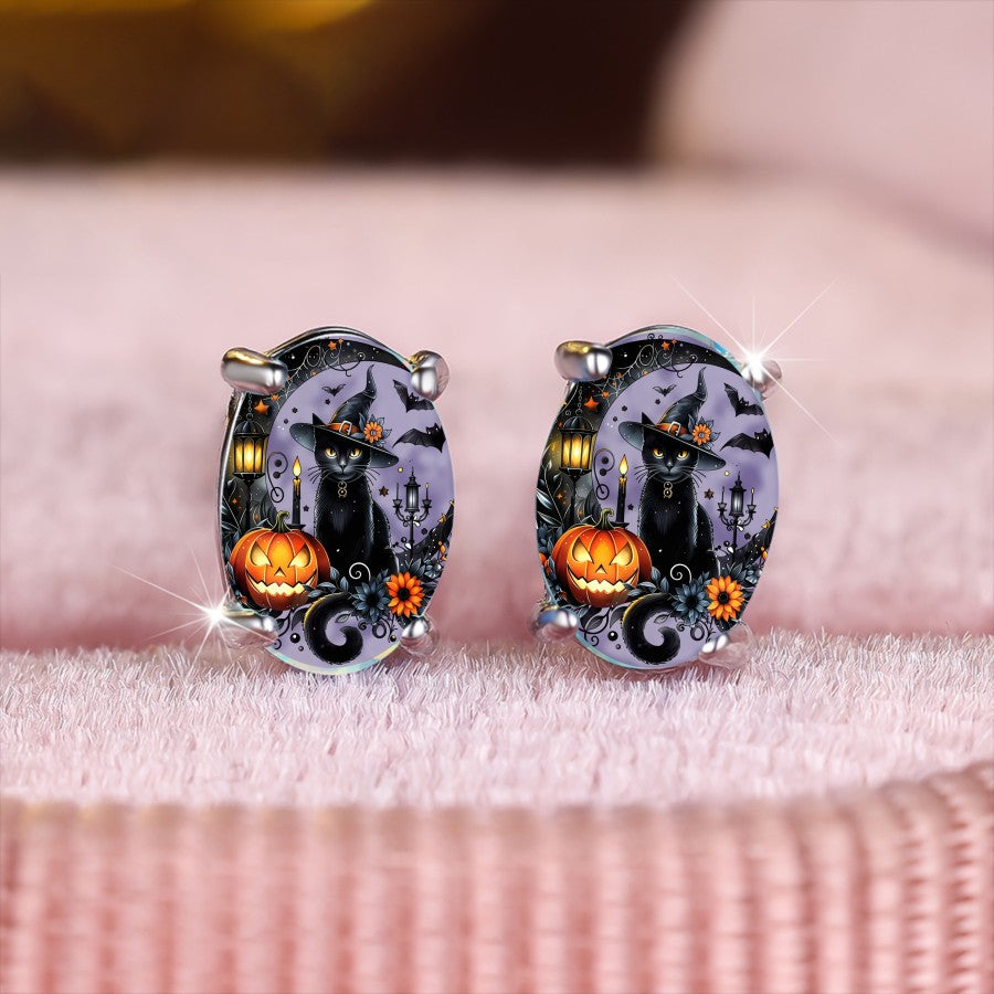 Black Cat Pumpkin Oval Earrings