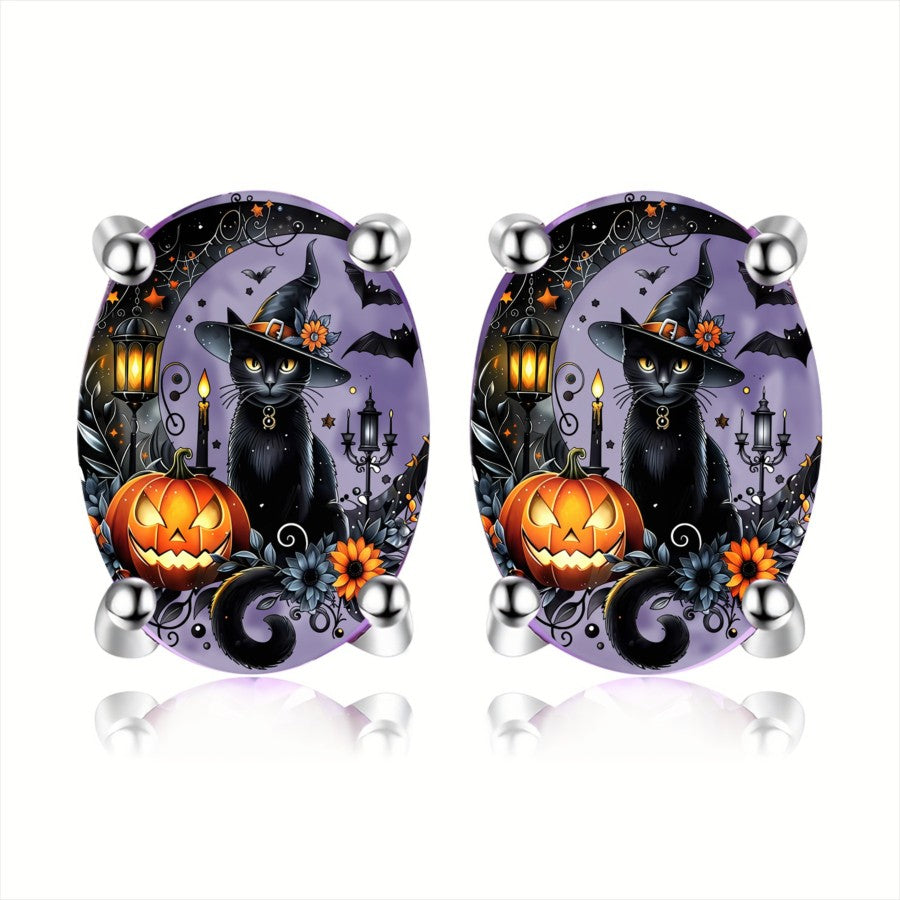 Black Cat Pumpkin Oval Earrings