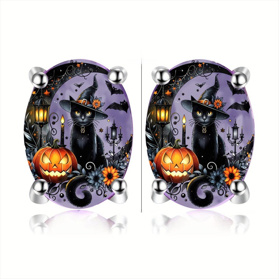 Black Cat Pumpkin Oval Earrings