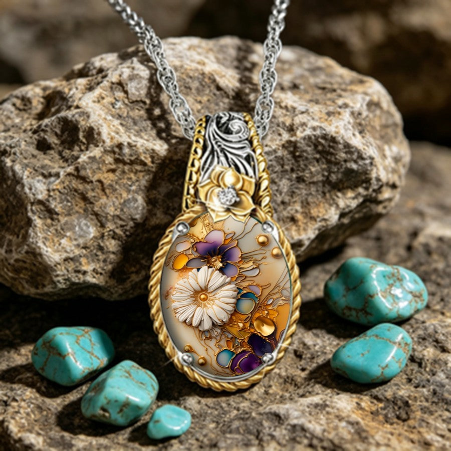 Two-Tone Floral Glass Pendant Necklace