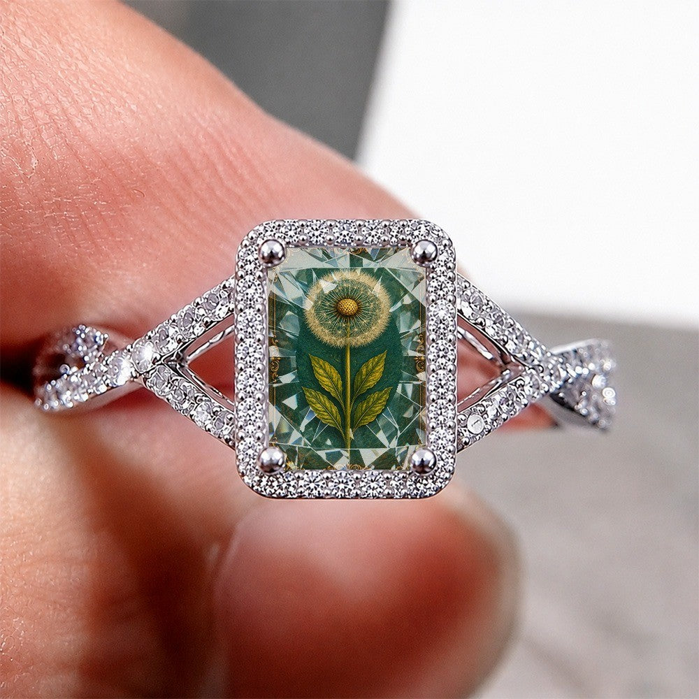 Green Dandelion Glass Square Ring