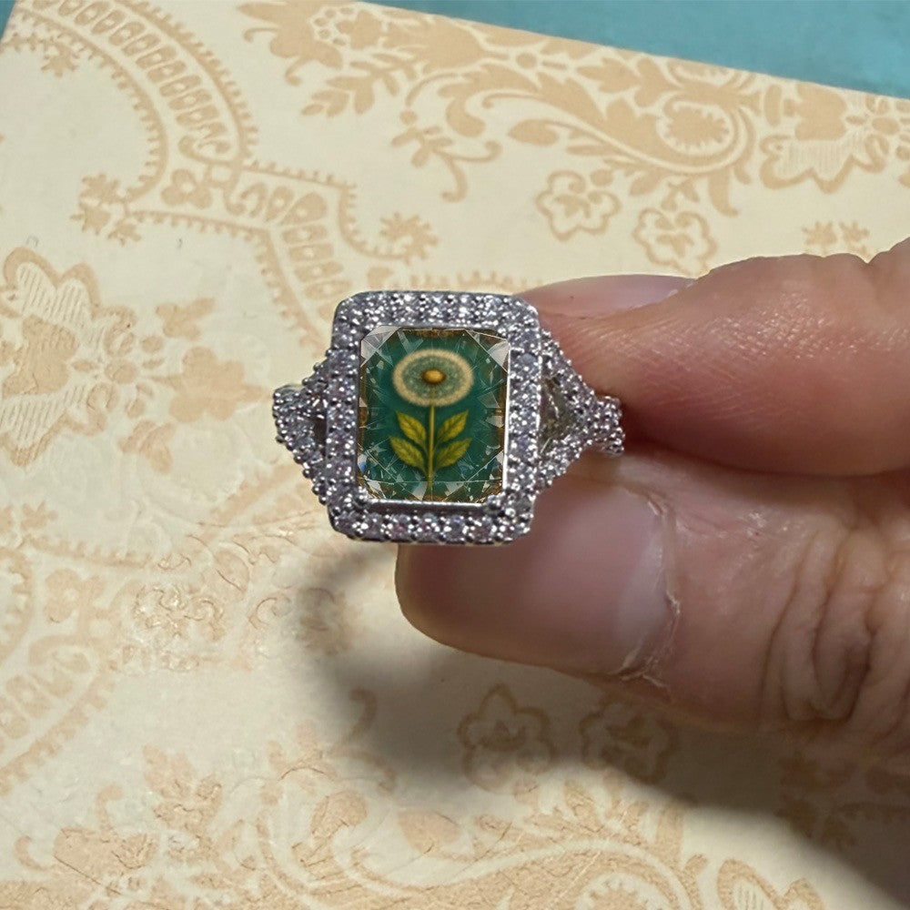 Green Dandelion Glass Square Ring