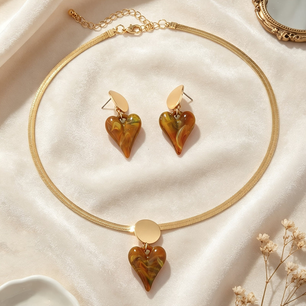Heart Disc Snake Chain Necklace & Earring Set