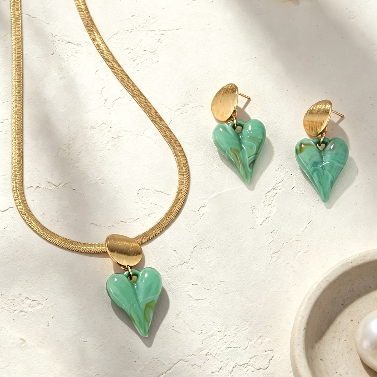 Heart Disc Snake Chain Necklace & Earring Set