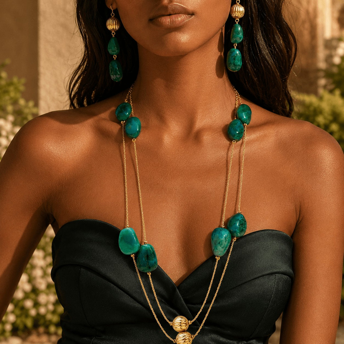 Green Stone Layered Necklace & Earring Set