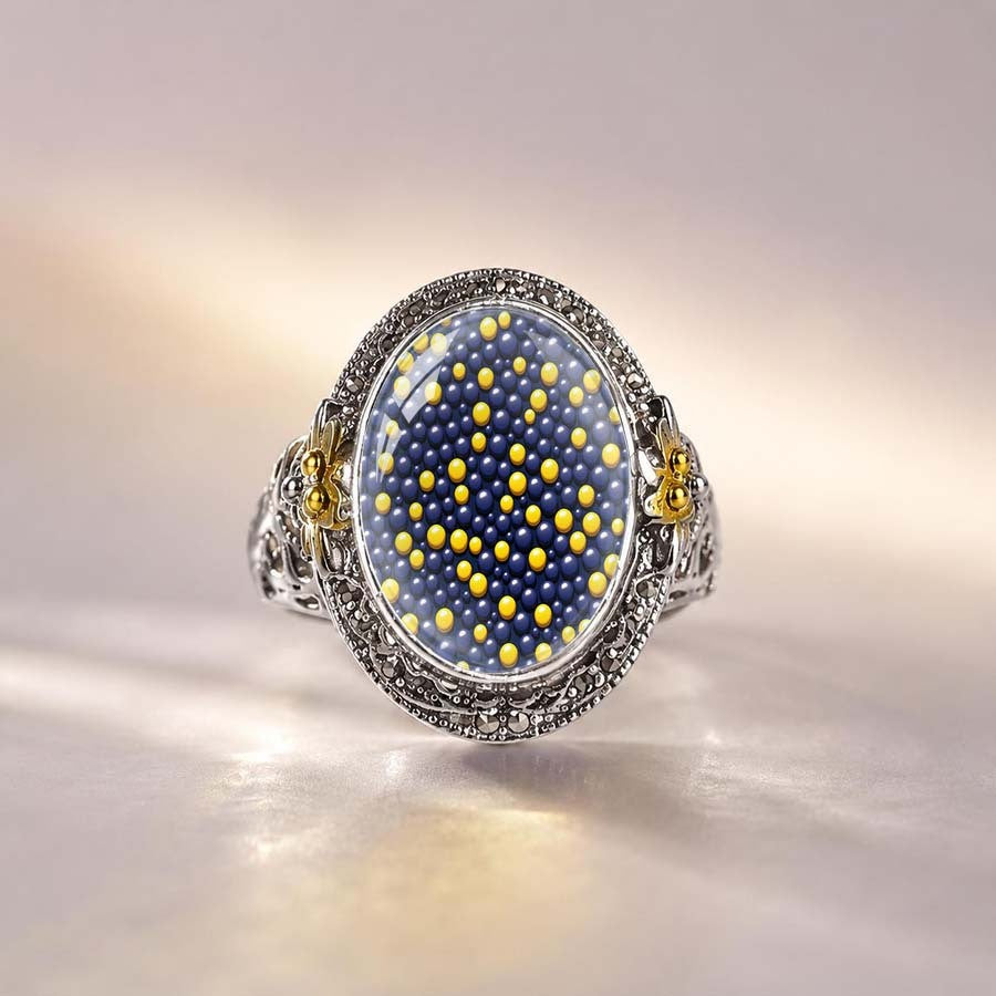 Blue Beaded Dome Statement Ring