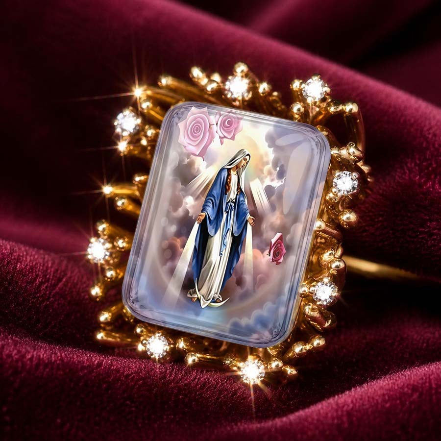 Virgin Mary & Pink Rose Square Ring