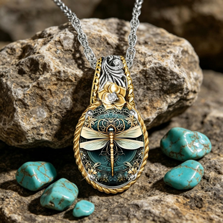 Teal Dragonfly Glass Pendant Necklace