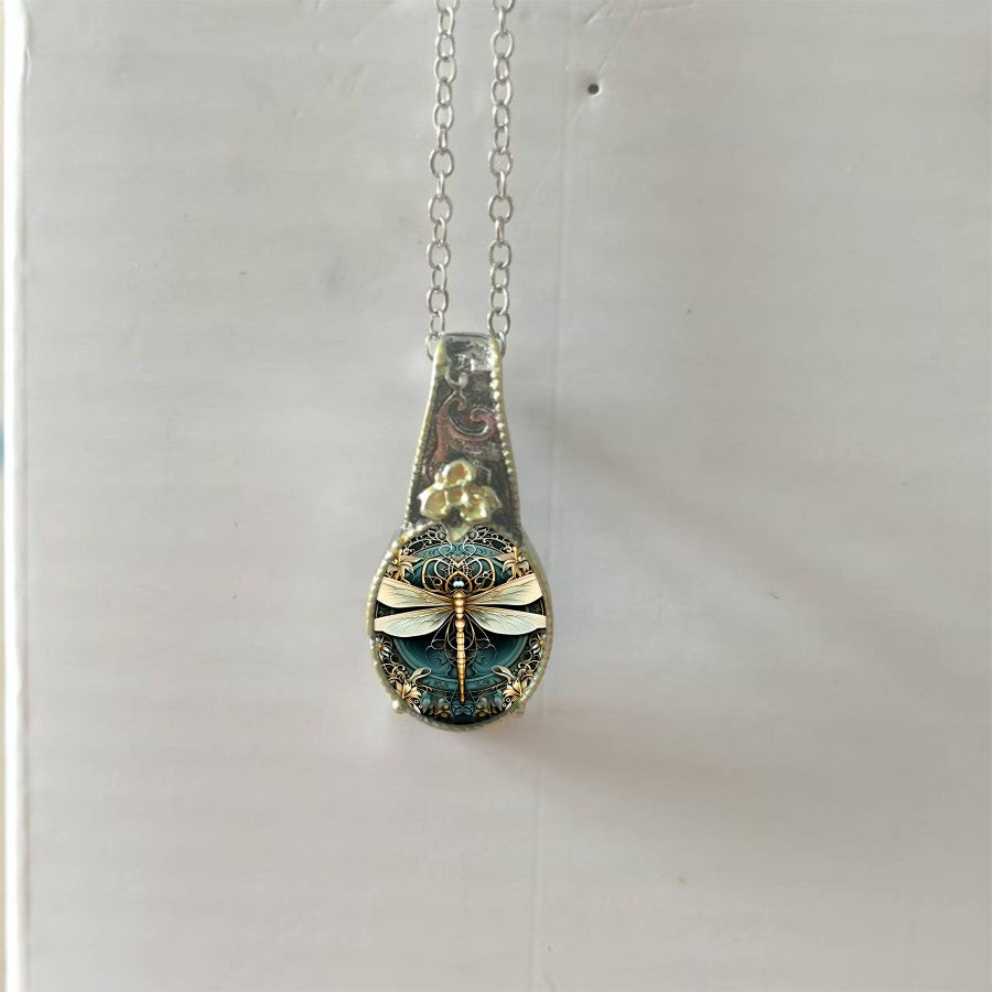 Teal Dragonfly Glass Pendant Necklace