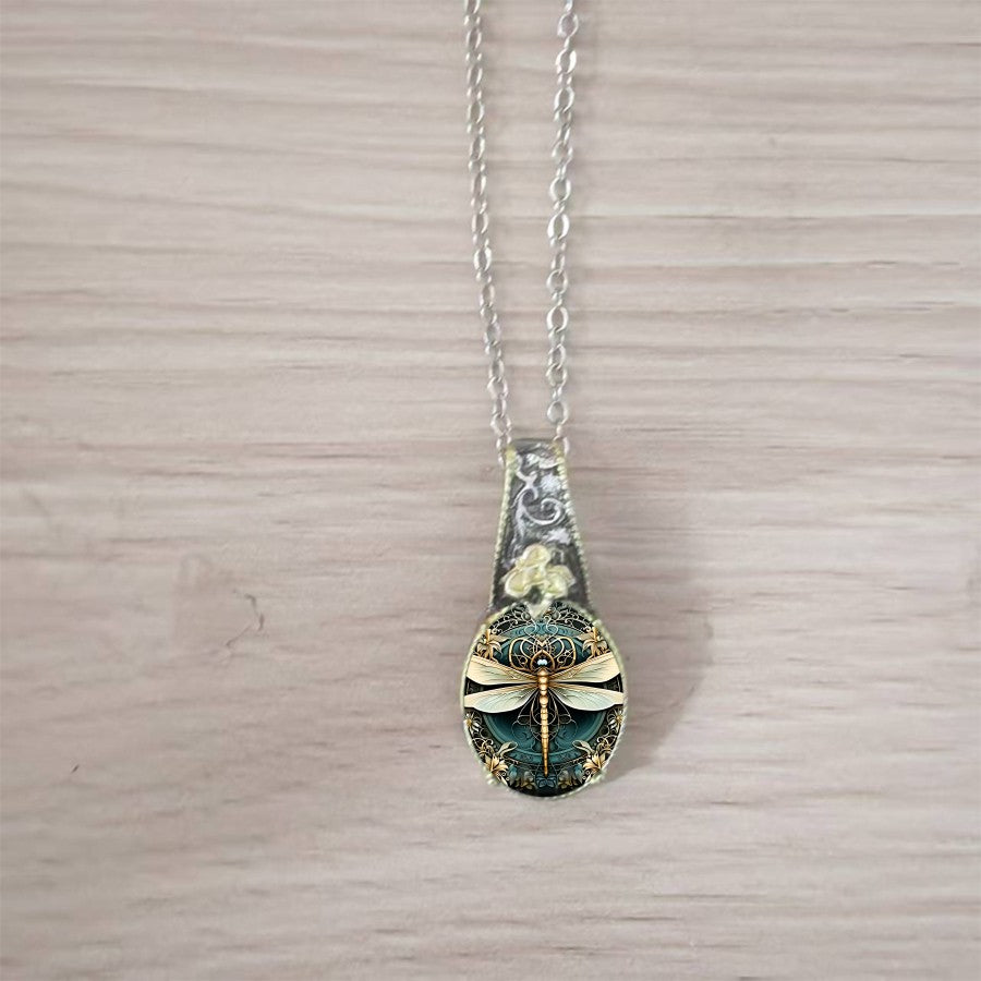 Teal Dragonfly Glass Pendant Necklace