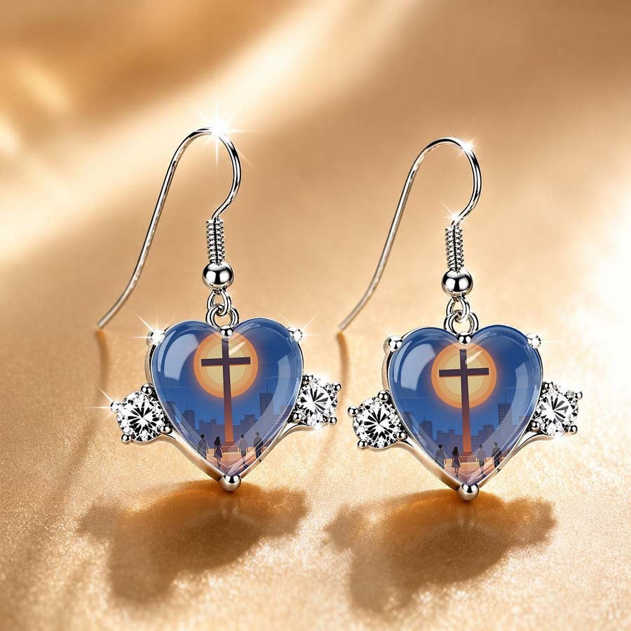 Sunset Cross Heart Drop Earrings