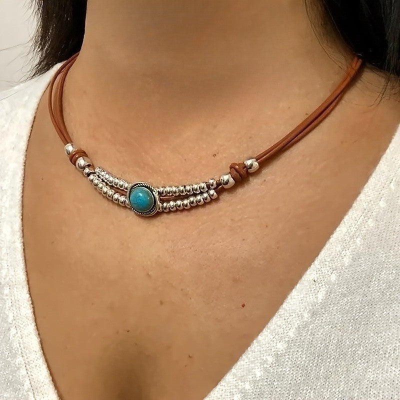 Turquoise Beaded Leather Necklace