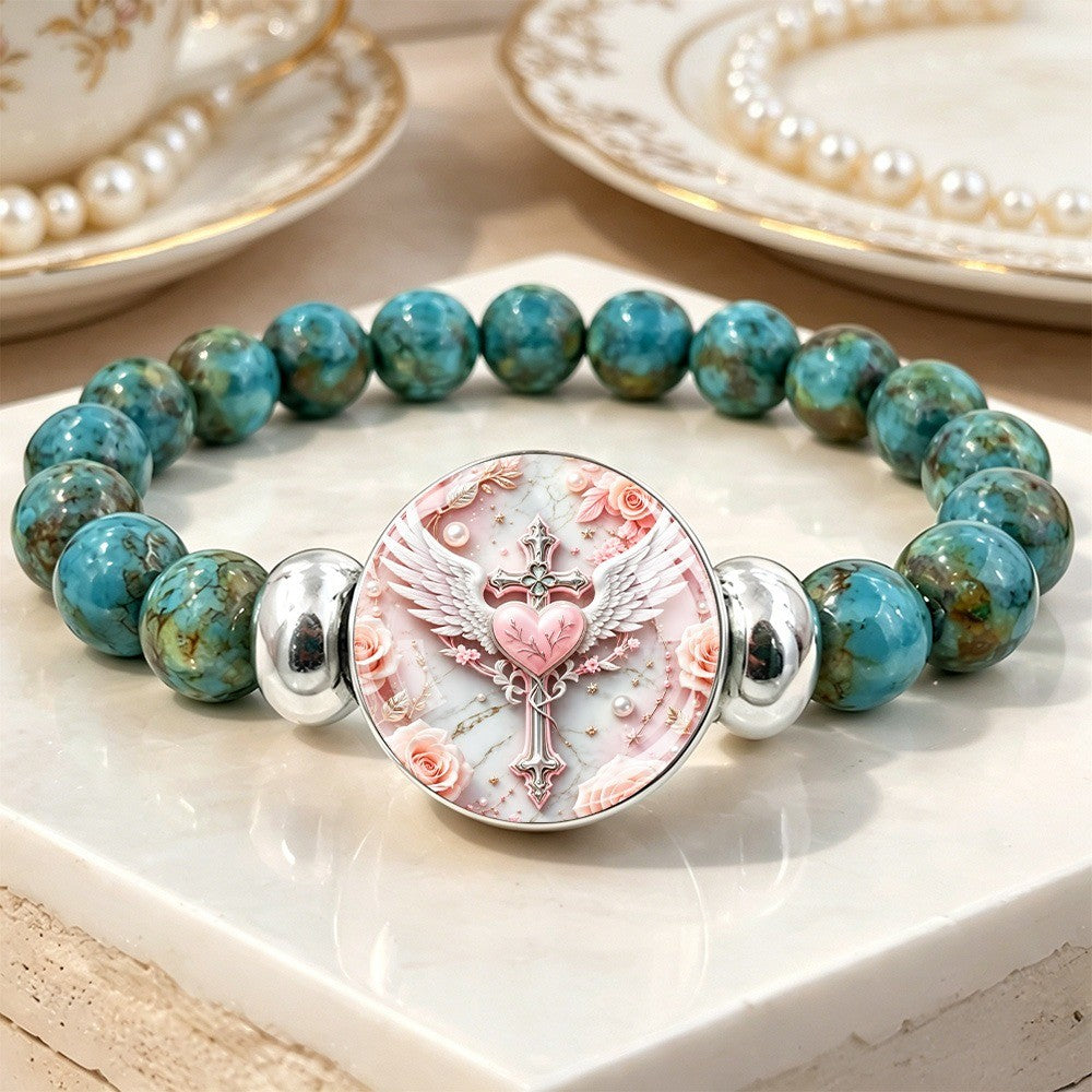 Winged Heart Cross & Turquoise Bead Bracelet