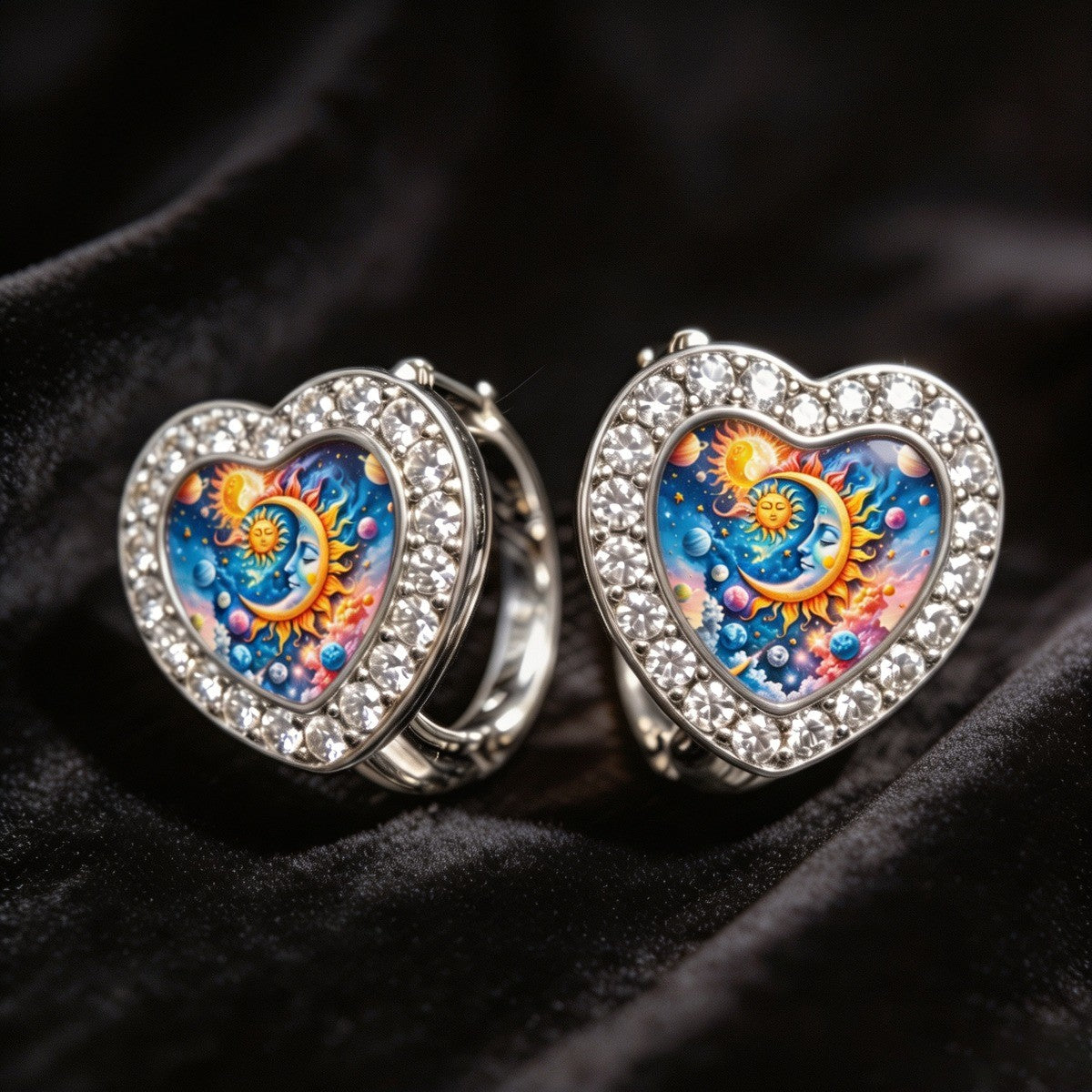 Nebula Sun Moon Heart Huggie Earrings