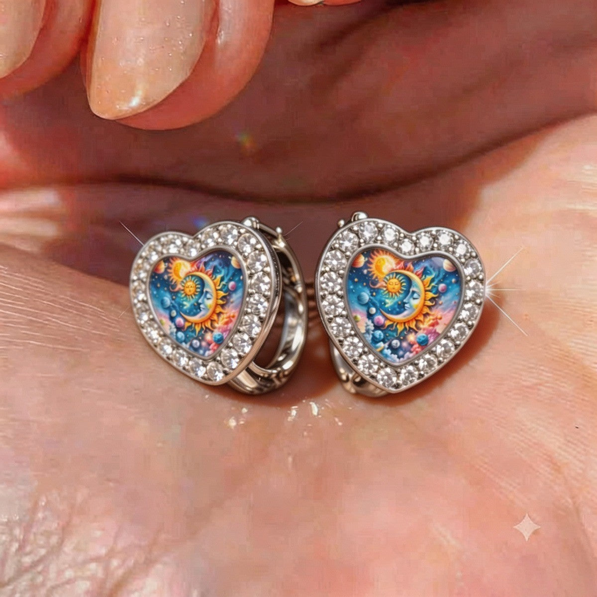 Nebula Sun Moon Heart Huggie Earrings