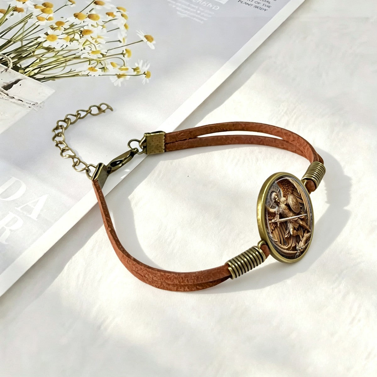 Archangel Relief Leather Bracelet