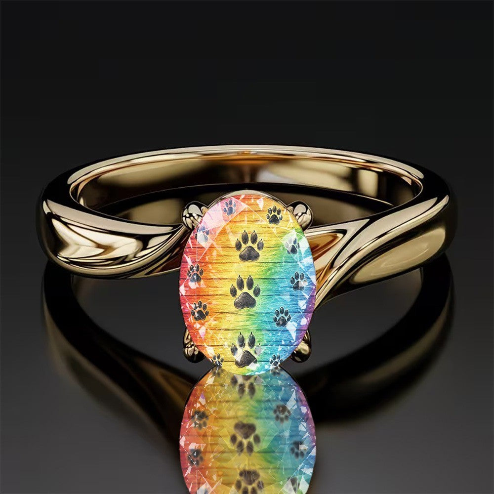 Rainbow Paw Print Oval Ring