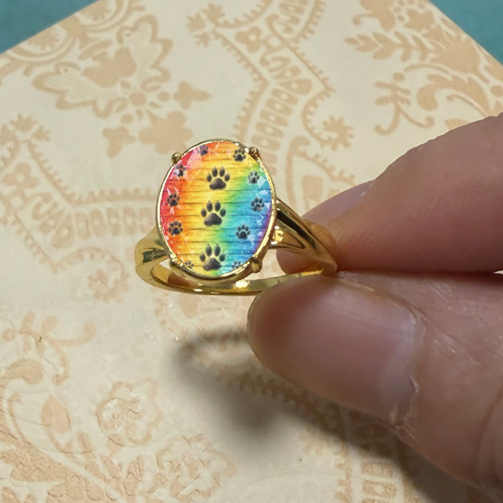 Rainbow Paw Print Oval Ring