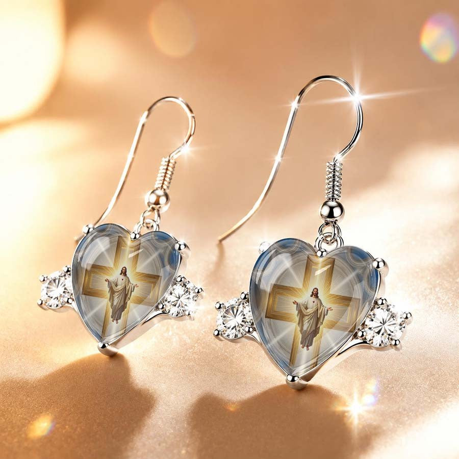 Sacred Heart Cross Dangle Earrings